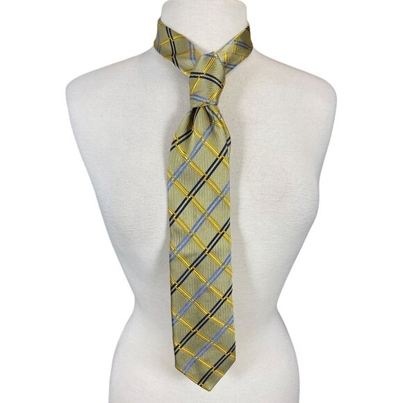 Bruno Piattelli Mens Pure Silk Yellow Blue Plaid Striped Textured Tie Italy - Picture 2 of 6